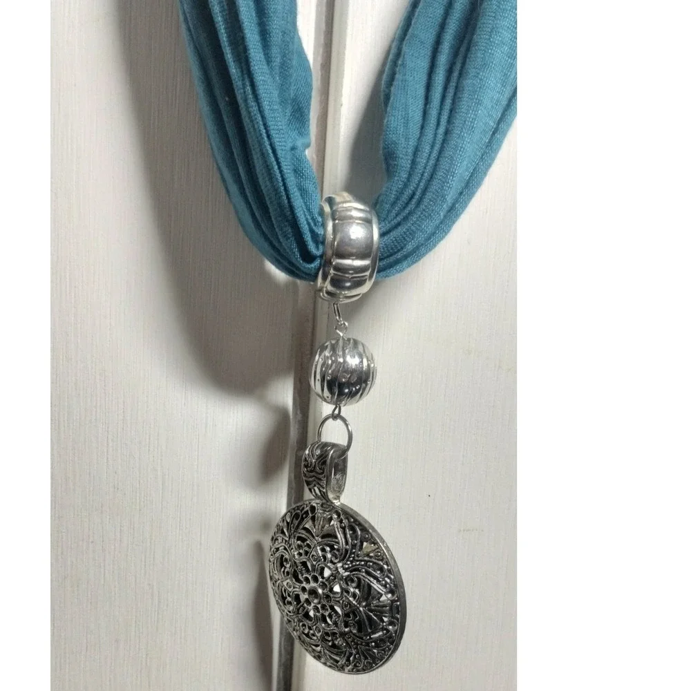 Teal Jersey Fabric Scarf Necklace Silver Filigree Mandala Pendant Boho Fringe